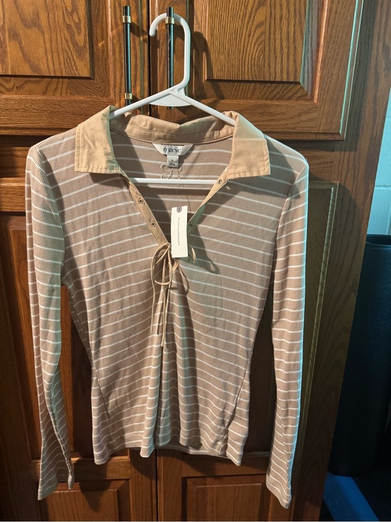 Maeve Tops - Maeve Beige and White Striped Tie-Front Long Sleeve Polo